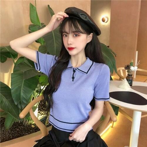 Women Color Block Short Sleeve Lapel Undershirt Slim Top with Front Button Fashion Women Clothes T-shirt Top Female