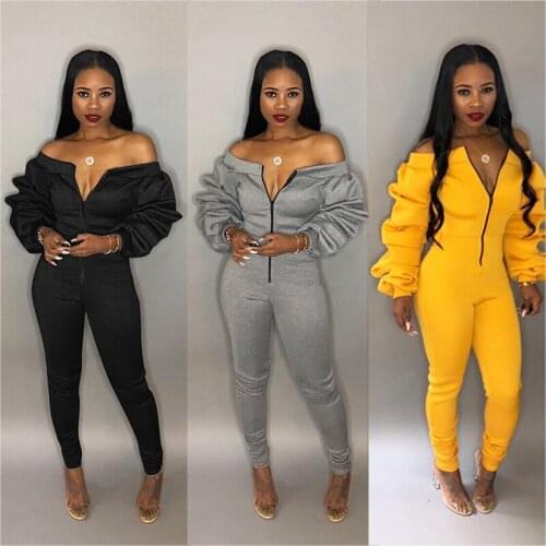Women Longsleeve Jumpsuit Elegant Lantern Sleeve Front Zip Female Romper Sexy Outfits Off Shoulder Party Club Plus Size XXL XXXL