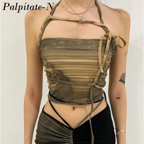 Punk Gothic Camis Grunge Lace Up Off Shoulder Women Crop Tops Hip Hop Bodycon Sleeveless Vintgae Print 90s Streetwear