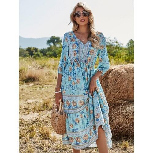 2021 New Boheman Long Dress Women Summer Autumn Floral Printed V Neck Loose Dress Casual Beach Dresses Female Harajuku