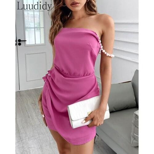 Women Sexy Beaded Strap Square Neck Ruched Dress
