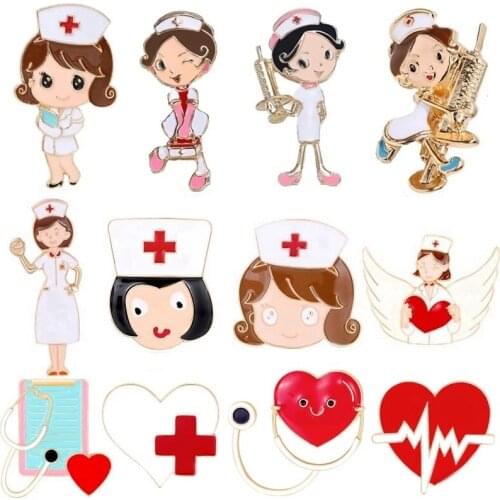 10pcs/Lot Small Cute Creative Cartoon Nurse Doctor Medical Workers Fashion Jewelry Gifts Love Heart Stethoscope Pins Brooches