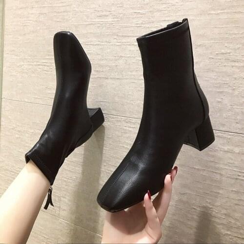 2021 Ankle Boots Autumn Square Mid Heels Female Round Toe PU Leather Boots Ladies Casual Slip Women Shoes Boots