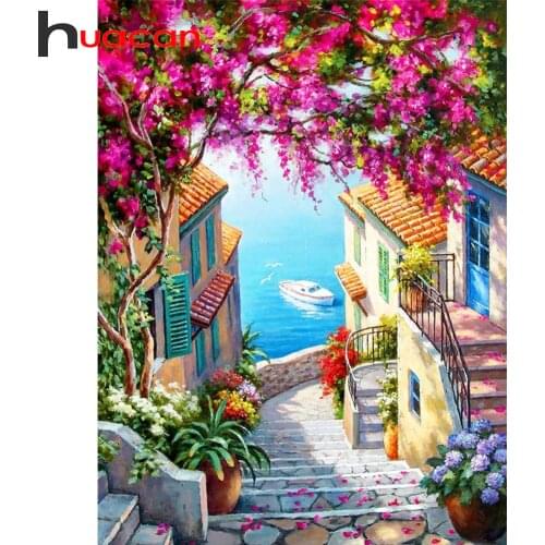 Huacan 5d Diamond Painting Full Square Landscape Street Diy Diamond Embroidery Mosaic Cross Stitch Garden Home Decor