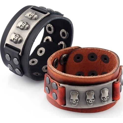 Skull Design Punk Cuff Bangle Fashion Vintage Brown Rock Genuine Wide Leather Bracelets Women Men Jewelry Accessories