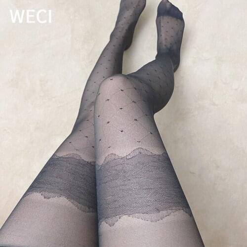 WECI Striped Plaid Stockings Cute Lace Kawaii Pantyhose Girls Seamless Polka Dot Tights Patterned Woman Meshes Socks Black White