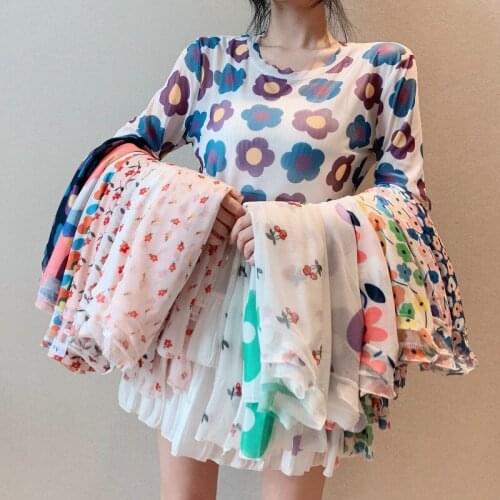 Flowers Print Mesh Bottoming Blouse Tops 2021 Summer New Trend Womens Sun Protection T-shirt Ladies Long Sleeve Inside Blouses