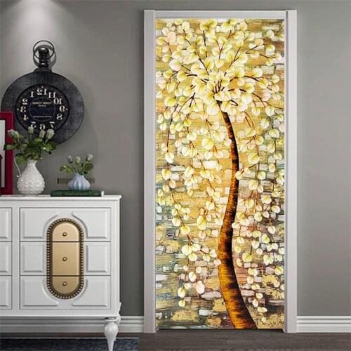 Flower Tree Door Decoration Sticker PVC Waterproof Self Adhesive Wall Paper Study Living Room Bedroom DIY Renovation Door Mural