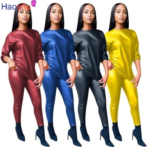 HAOOHU Office Lady PU Faux Leather Tracksuits O Neck long Sleeve T-shirt + Skinny Legging Pants Solid Color 2pcs Sets Plus Size