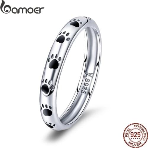 BAMOER 925 Sterling Silver Stackable Dog Cat Footprints Finger Rings for Women Wedding Ring Jewelry Valentines Day GIFT SCR445