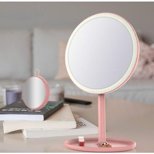 Desktop LED Smart Touch Screen Three-color Makeup Mirror 5X Magnifying Glass with Lamp Desktop Dressing Gift Small Mirror