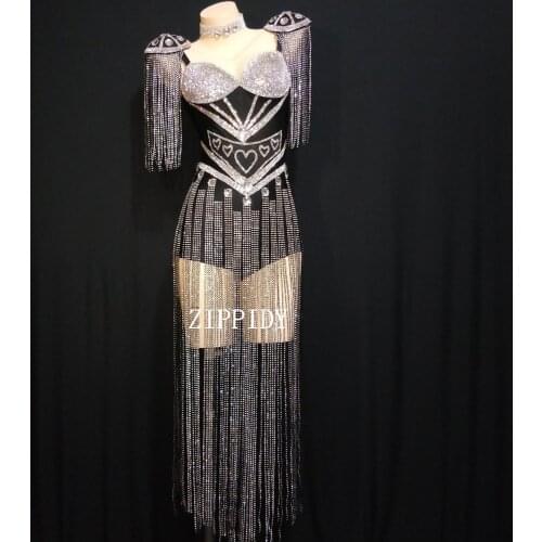 2019 New 4 Colors Crystals Epaulet Leotard Sexy Dance Sparkly Tassel Outfit Celebrate Bodysuit Costume Stage Singer Dance Wear