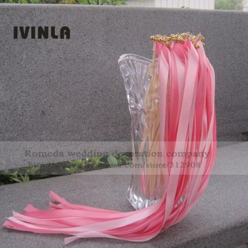 Newest 50pcs/lot Pink & Light Pink wedding ribbon wands with gold bell for wedding decoration