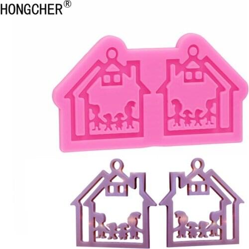 New Shiny House Earrings Necklace Pendant Jewelry Silicone Mold, Family Character Key Ring Mold Hollow DIY Chocolate Gadget