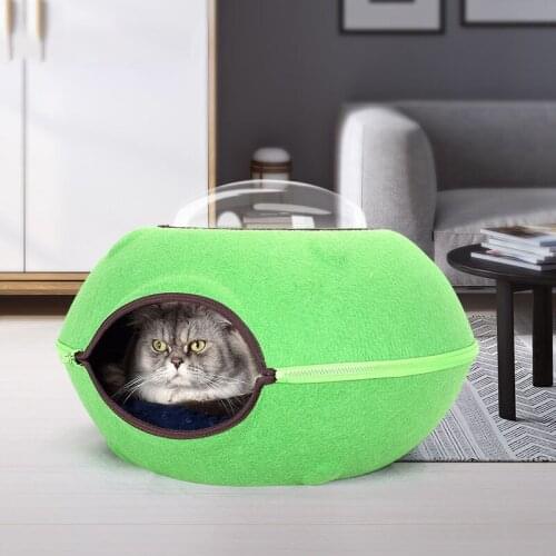 New Round Cat Bed Wool Felt Cats House Four Seasons Kitten Nest Semi Closed Tunnel Passage Detachable Zipper Cute Cats Toy