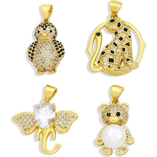 OCESRIO Genuine Gold Platd Copper Bear Animal Pendants Zirconia Elephant Pendants Jewelry Making Supplies pdta369