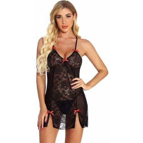 Summer Womens Sleepwear Lace-up Cutout Flower V-Neck Nightdress Back Slit Silky Pajamas Comfortable Lace Bifurcation Nightwear