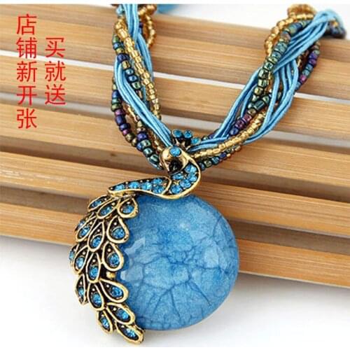 Ethnic style handmade original retro peacock gemstone temperament rice bead necklace bohemian style accessories