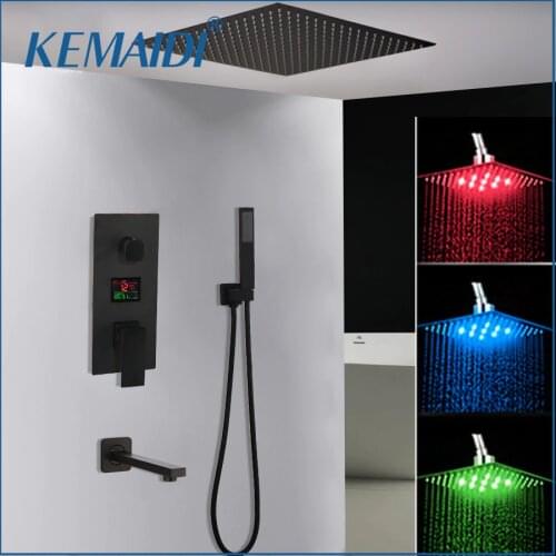 KEMAIDI Black Brass LED Shower Head Digital Display Mixer Taps Bathroom Shower Faucet 3-Functions Digital Shower Faucets Set