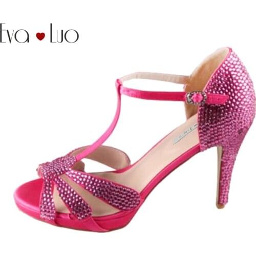 CHS200 Custom Made T-Strap Fuchsia Pink Bridal Wedding Shoes Women High Heels Shoes Dress Sandals Prom Shoes Big Size DHL