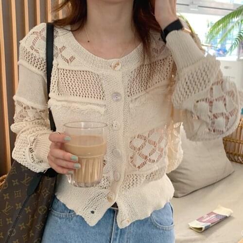Primaxis French gentle delicate hollow crochet sweater long-sleeved single-breasted cardigan