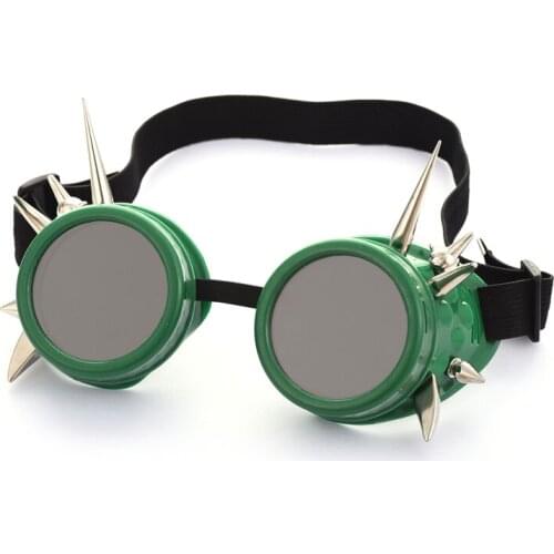 Steampunk Green Goggles Silver Spikes Rivet Eyewear Punk Vintage Glasses Welding Cosplay Gothic Accessories for Halloween Party
