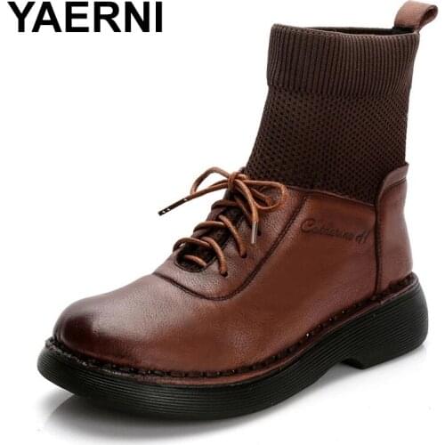 YAERNI Womens shoes 2021 autumn and winter new high-top riding boots womens lace retro top layer cowhide shoes women