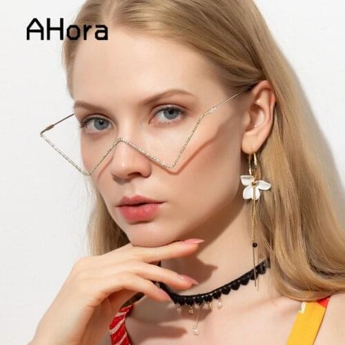 Ahora Ladys Crystal V Shape Glasses Frame Women Punk Style Half Fame Eyeglasses Frames Without Lens Decorations 2020 Fashion