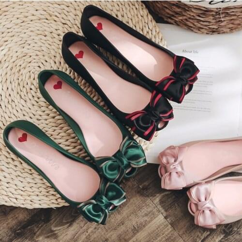 Women plastic jelly shoes mixed-color ribbon bow-tied peep toe shallow flats ladies work shoes soft soled ballet flat shoes cozy