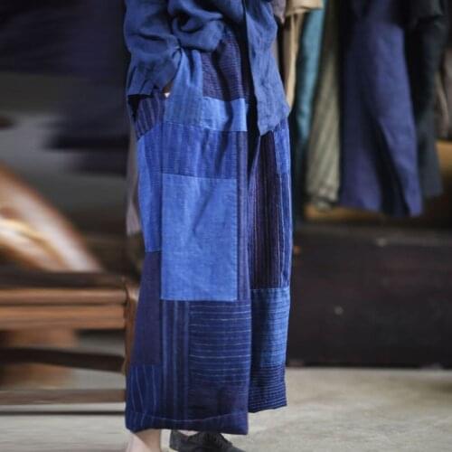 Johnature 2021 Autumn Winter New Retro Patchwork Striped Pocket Elastic Waist Wide Leg Pants Leisure Women Ankle-length Pants