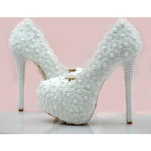 Lace flower wedding shoes white pearl high-heeled bridal shoes rhinestone Elegant women pumps