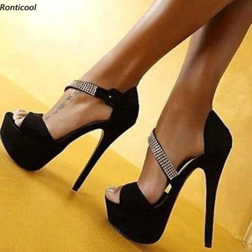 Ronticool 2021 Handmade Women Platform Sandals Buckle Strap Stiletto High Heels Open Toe Elegant Black Party Shoes US Size 5-20