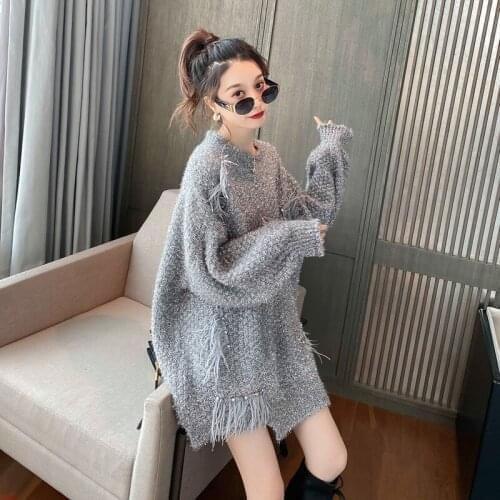 2021 Autumn Winter New Long Womens Sweater Korean Loose Lantern Sleeve Jumpers Fashion Ladies Knitted Pullover Tops Female