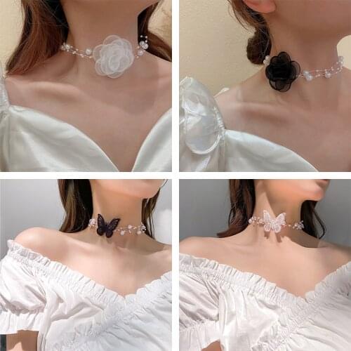 Retro Super Fairy Temperament Gauze Flower Butterfly Multilayer Fishing Line Pearl Necklace Womens Jewelry Wedding Party Gifts