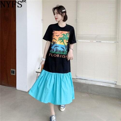 NYFS Summer Dress 2021 Korean New Loose Creative Print Woman Dress Vestidos Robe Elbise Fashion Short Sleeve Patchwork Dresses