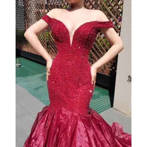 Red Gowns Mermaid Fashion Ladies Bling Bling Eveningdress Luxury Host Dress V-Neck For Women Wedding Party Graduation Formal