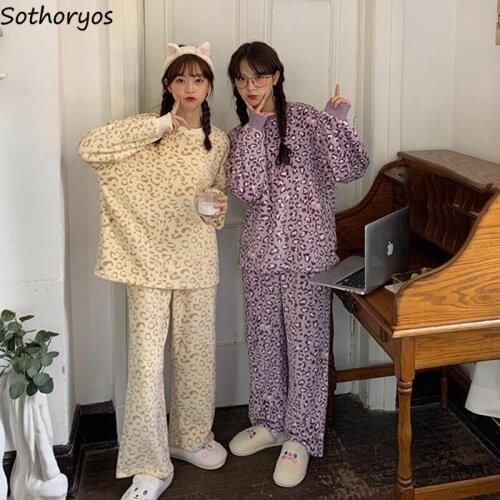 Winter Women Flannel Pajama Sets Warm Student Coral Fleece Leopard Sleepwear Cute Trendy Ulzzang Simple Plush Korean Style Loose
