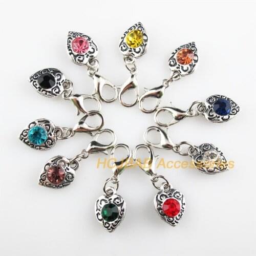 10 New Heart 9.5x13mm Charms Mixed Round Crystal Tibetan Silver Plated Retro With Lobster Claw Clasps