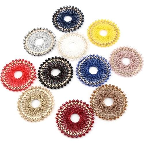 2 PCs Iron Based Alloy & Glass Round Thread Wrapped Hollow Pendants Gold Color Pink 5.5cm Dia. For DIY Jewelry Making