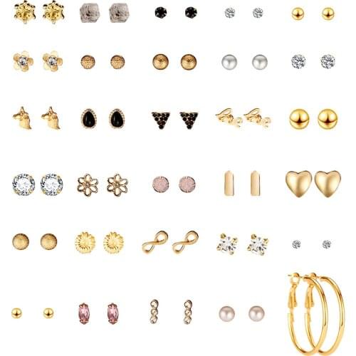 30Pair/set Multiple Ear Studs Earrings Set Assorted Crystal Rhinestone Women Piercing Earrings