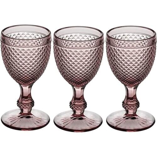 Wine Glass Goblet 10 oz Set of 3 Vintage Pattern Embossed Red wine glasses Cup for Friends Family Party Wedding Diamond Purple