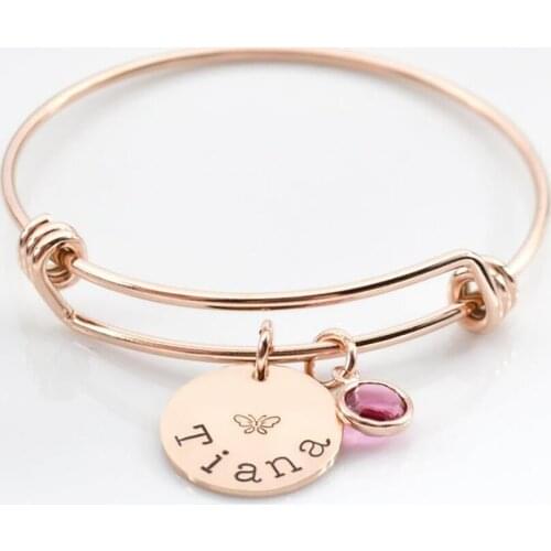 HUHUI Custom Name Bangle Personality Birthstone Round Pendant Stainless Steel Adjustable Bangle Jewelry For Women Birthday Gift