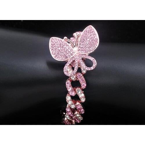 2021 Fashion Iced Out Bling CZ Women Jewelry Hip Hop Miami Cuban Link Chain Gold Silver Color Pink Butterfly Bracelet Gift