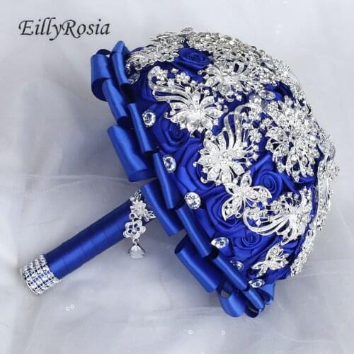 EillyRosia Royal Blue Bridal Bouquet Brooch Jewelry Satin Silk Flowers Customzied Color Elegant Wedding Bouquet for Bridesmaid