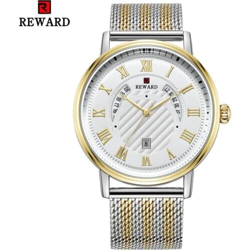 REWARD Automatic Quartz Men Watch Fashion Luxury Business Sports Male Wrist Watch Calendar Stainless Steel Mesh Watch Strap