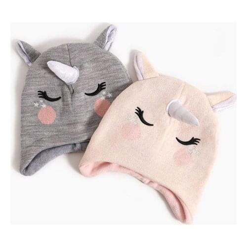 2021 Children Hat Autumn/Winter Cartoon Embroidered Unicorn Knit Hat Boys and Girls Ear Caps 48-52cm