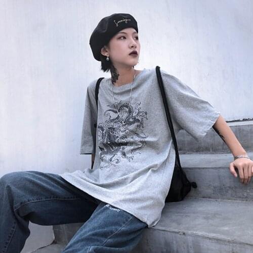 Short-sleeved T-shirt cotton dragon casual print loose Hip hop bf dropshipping streetwear top shirt vintage gothic mesh harajuku
