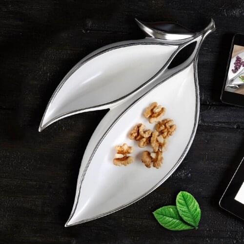Ceramic Double Leaf Shape Fruit Plate Snacks Dried Fruit Plate Living Room Coffee Table Restaurant Hotel Home Decoration