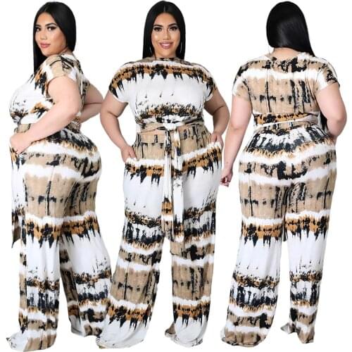 Wholesale Dropshipping Plus Size Sexy Outfits 4xl 5xl Comfortable Wide Leg Pants with Printed Lace Up Pockets Two Piece Sets