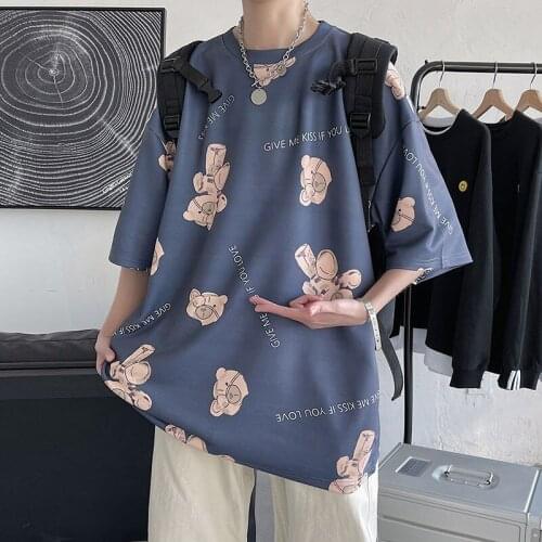 Male T Shirt Summer Oversized Bear Print Short Sleeve O Neck Korean Style Harajuku Streetwear Loose Couple Love Cotton Tops Men